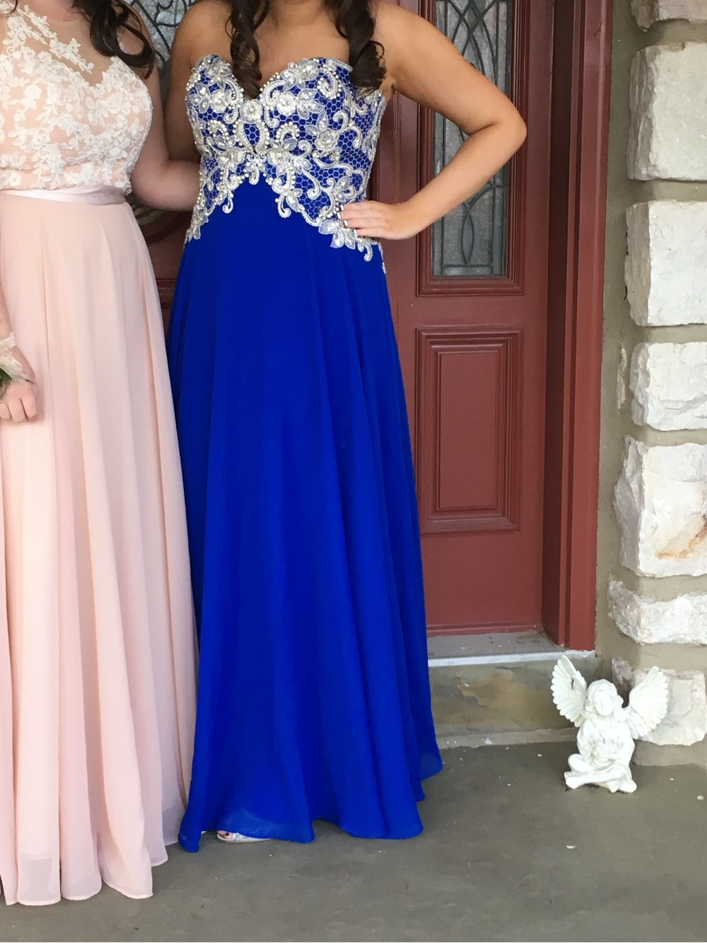 Strapless Royal Blue Prom Gown with Silver Embellished Bodice
